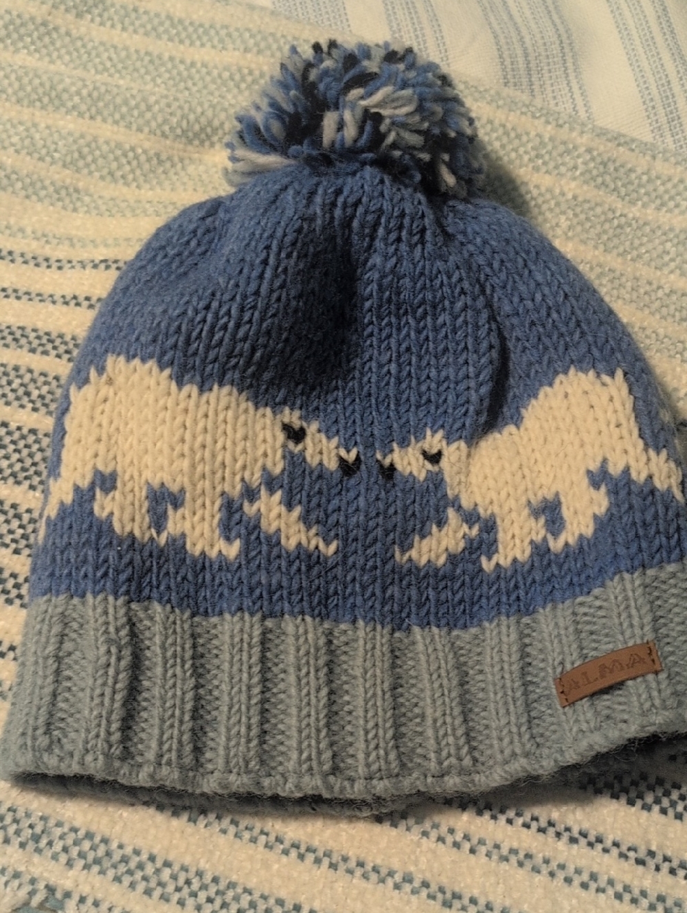 Adult Blue Knit Pom Beanie with Polar Bear Pattern
